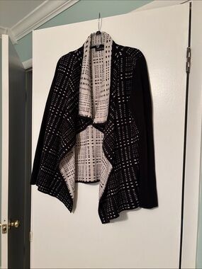 Ivanka Trump Black and Cream Open-Front Draped Cardigan